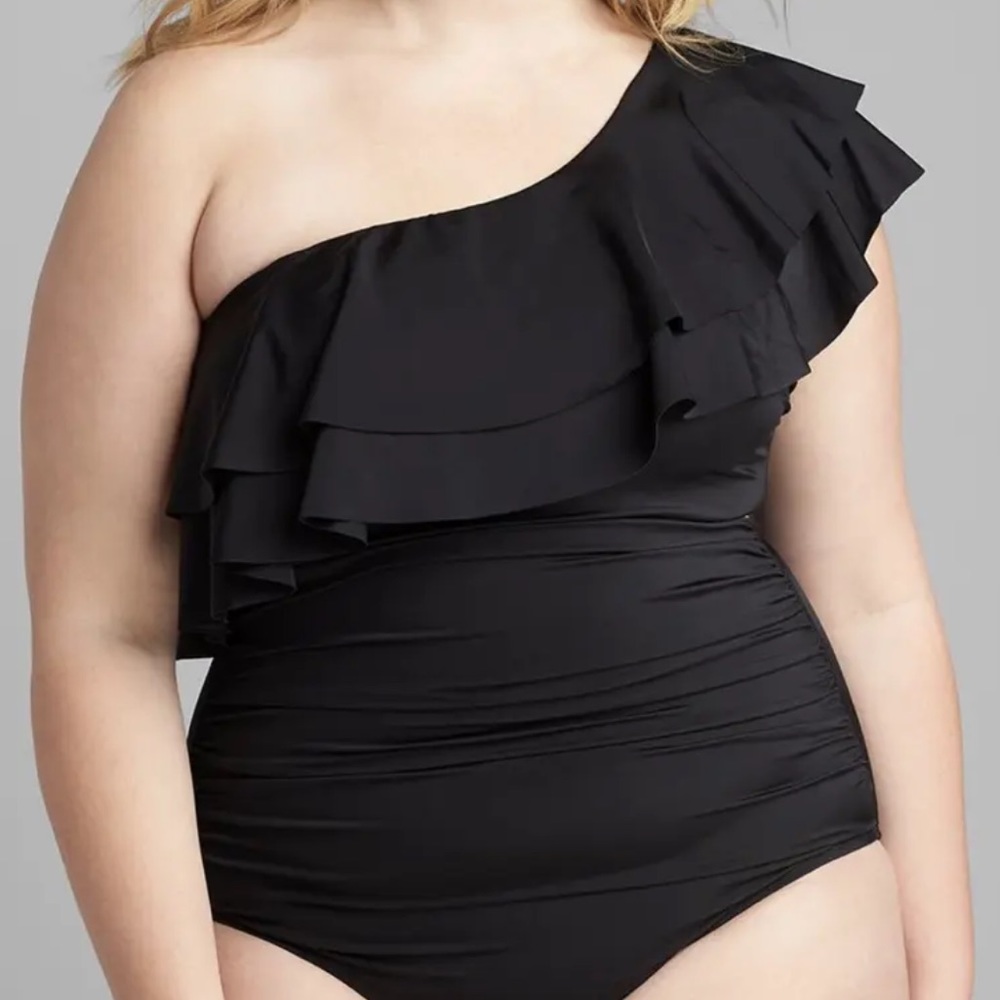 Cacique No-Wire Ruffle One-Shoulder Swim One-Piece